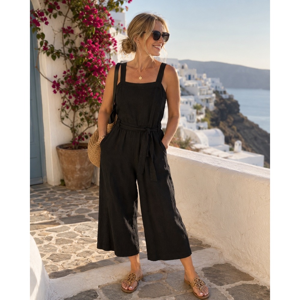 Old Navy Jumpsuit Womens Small Black Linen Blend Wide Leg Cropped Belted Pocket